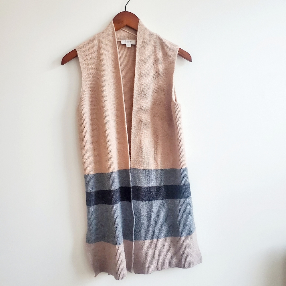 Loft Outlet long camel striped bottom sweater open front cardigan size S